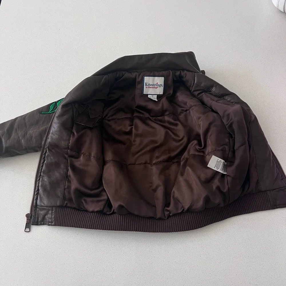 Kitestrings By Hartstrings Kids Bomber Jacket Brown Faux Leather Patches Size 3T